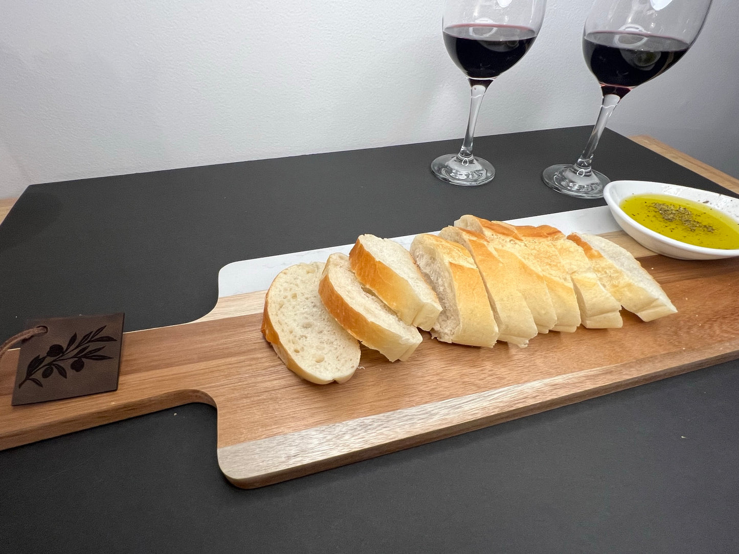 Acacia wood and white marble serving board with White porcelain dipping bowl