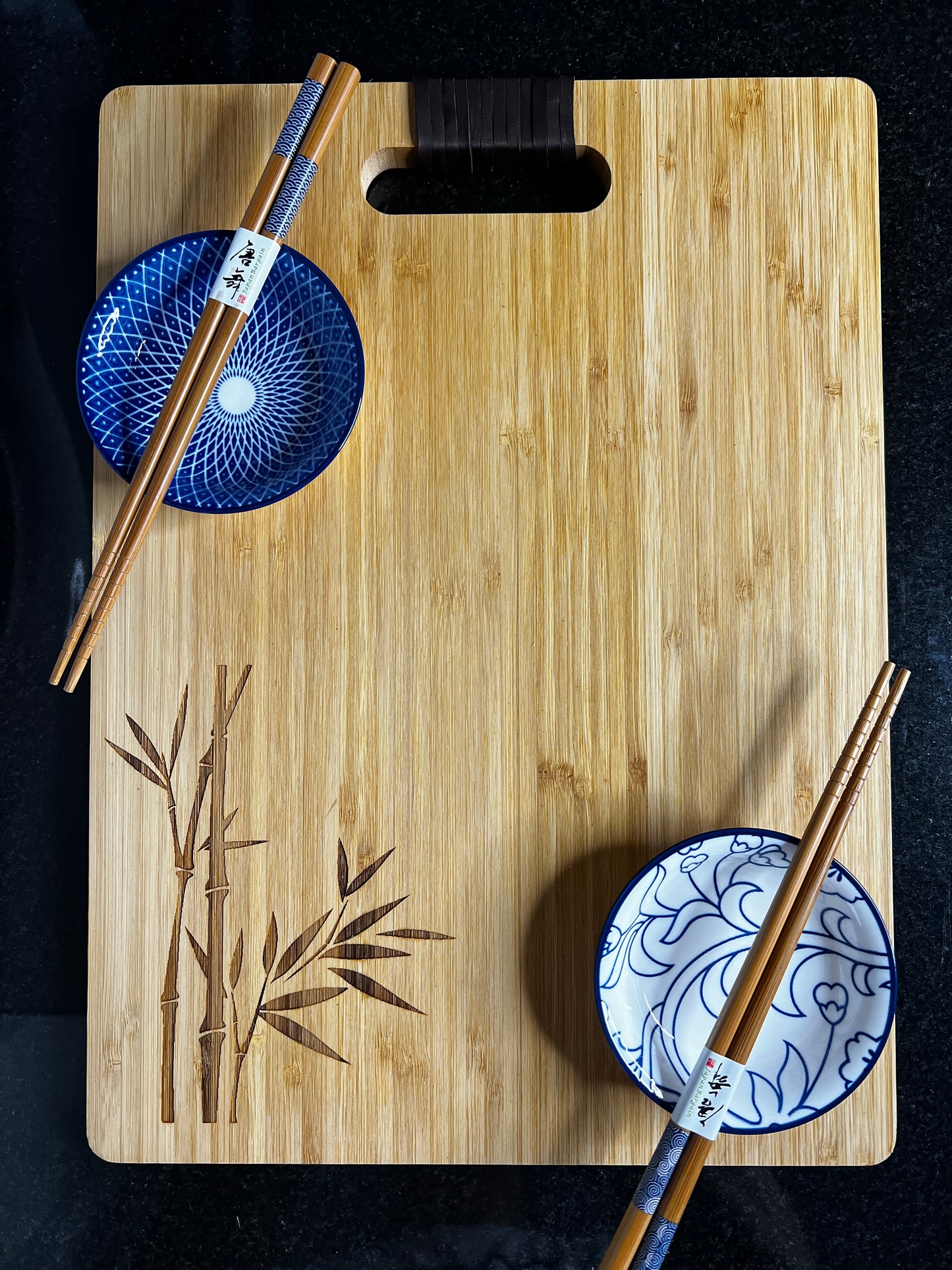 Bamboo Sushi Serving Board Set for Two with Engraved Bamboo Pattern