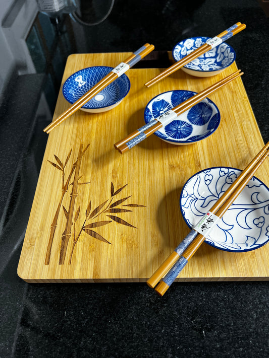 Bamboo Sushi Serving Board Set for Four with Engraved Bamboo Pattern