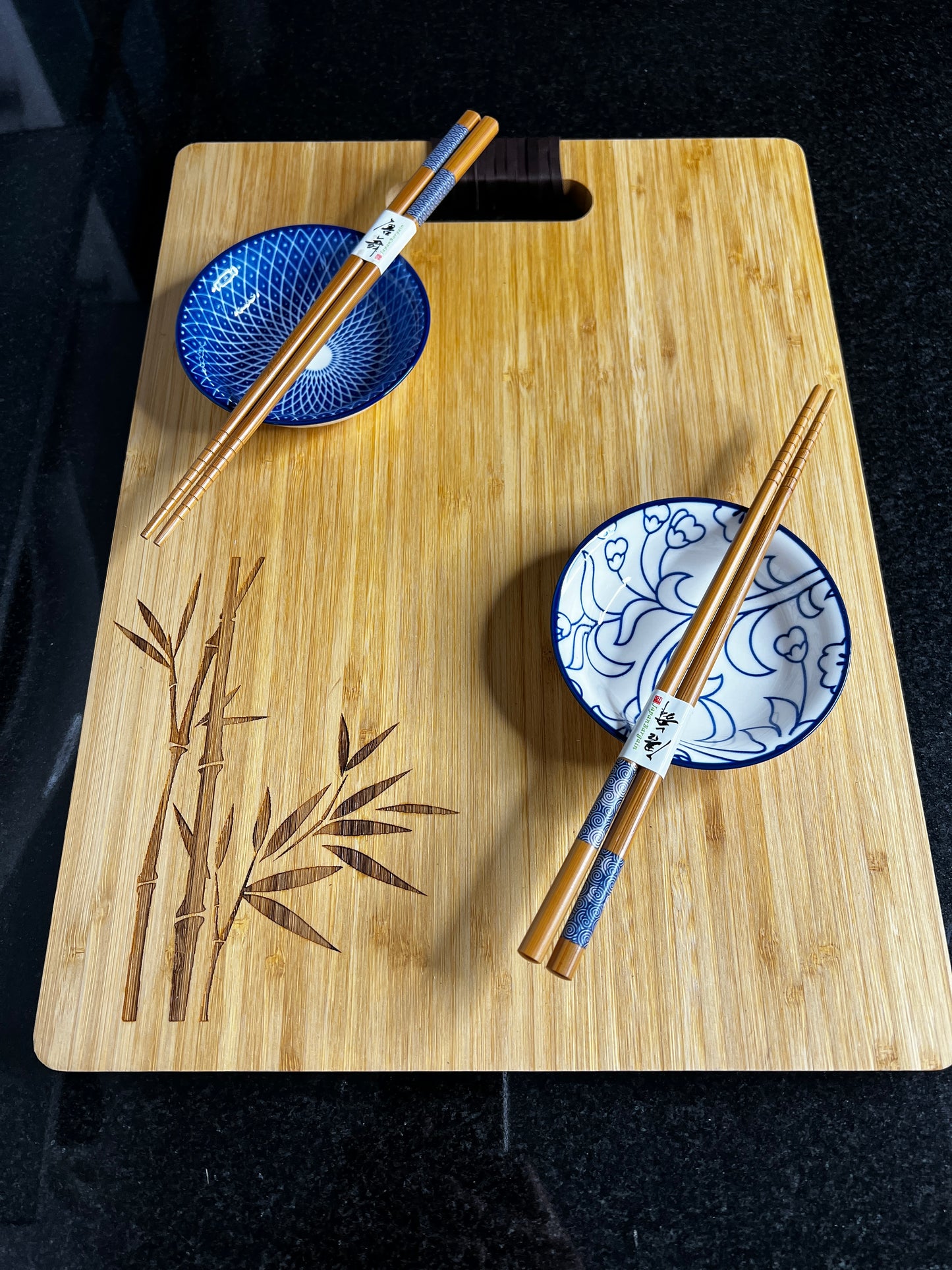 Bamboo Sushi Serving Board Set for Two with Engraved Bamboo Pattern