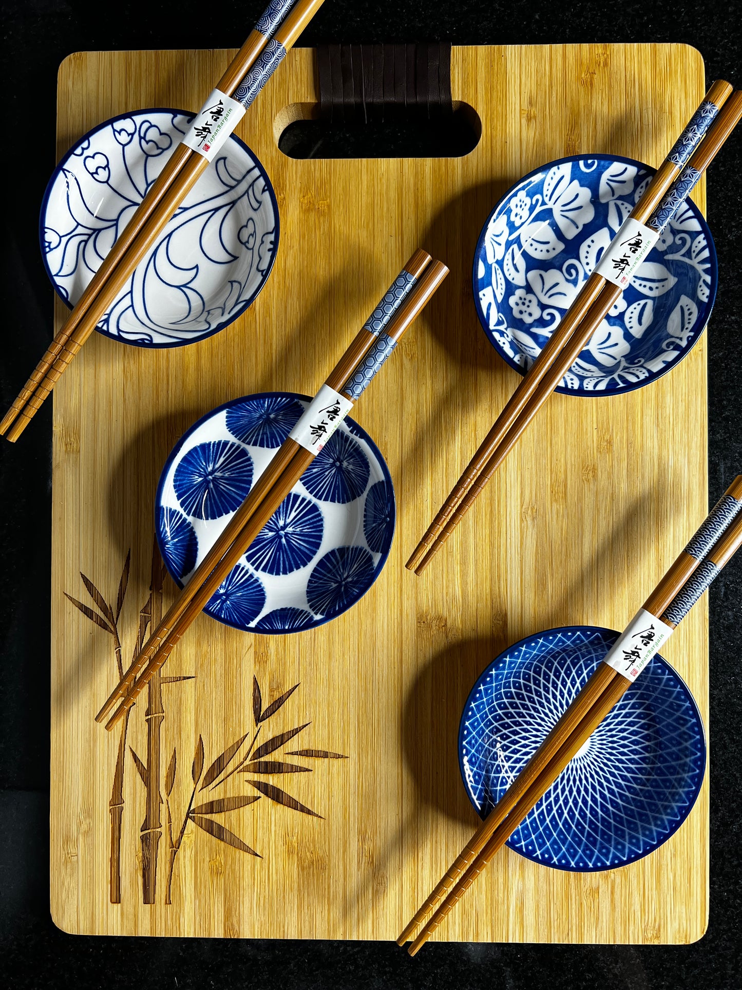 Bamboo Sushi Serving Board Set for Four with Engraved Bamboo Pattern