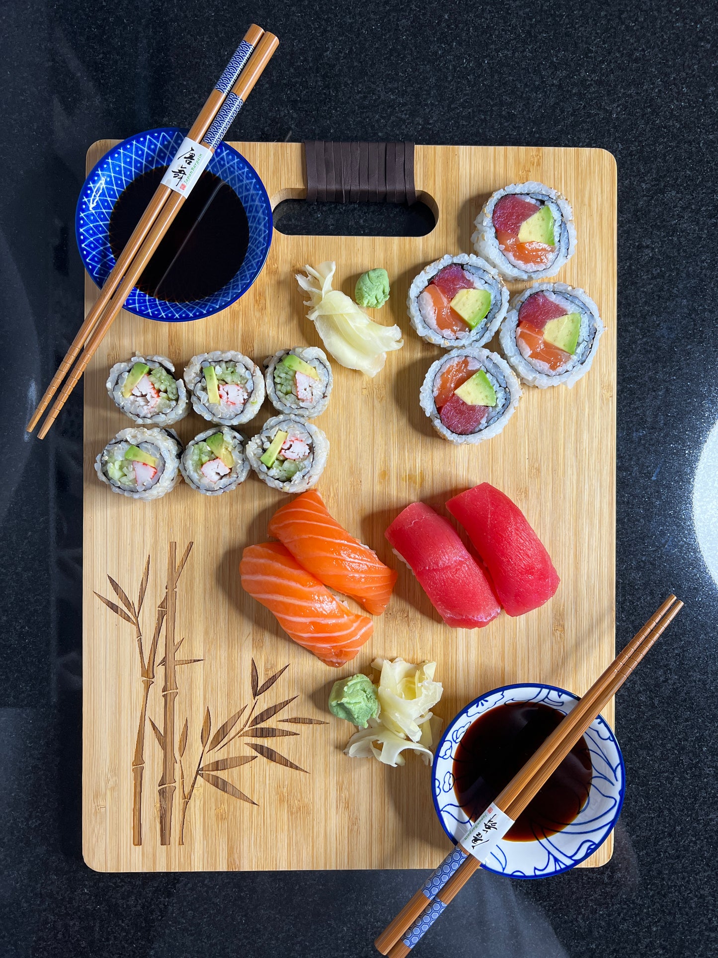 Bamboo Sushi Serving Board Set for Two with Engraved Bamboo Pattern