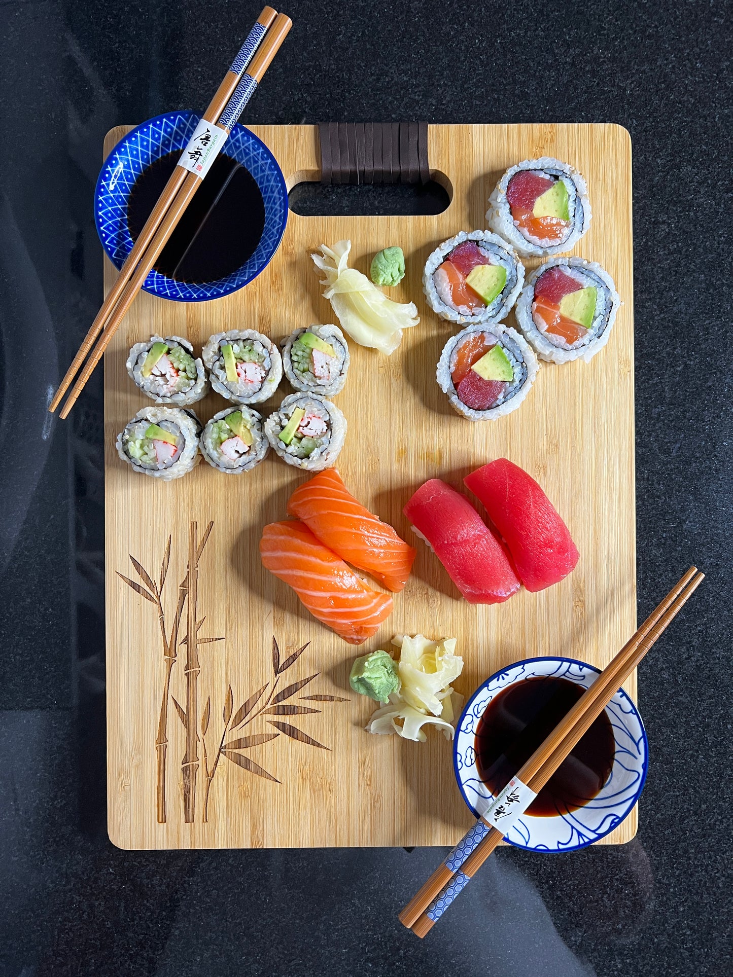 Bamboo Sushi Serving Board Set for Two with Engraved Bamboo Pattern