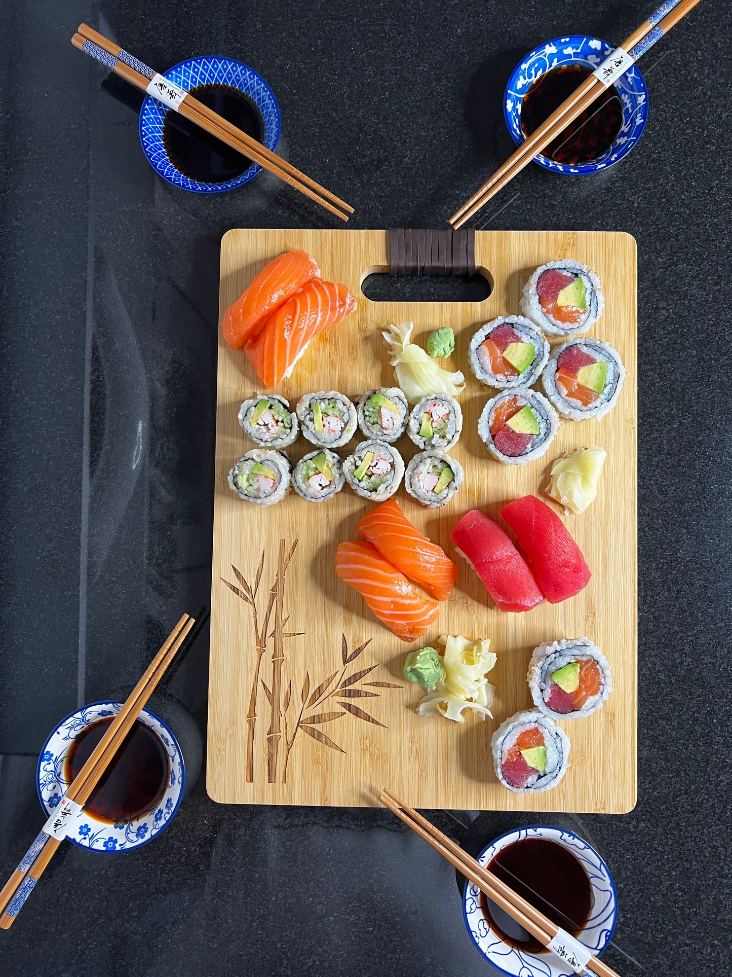 Bamboo Sushi Serving Board Set for Four with Engraved Bamboo Pattern