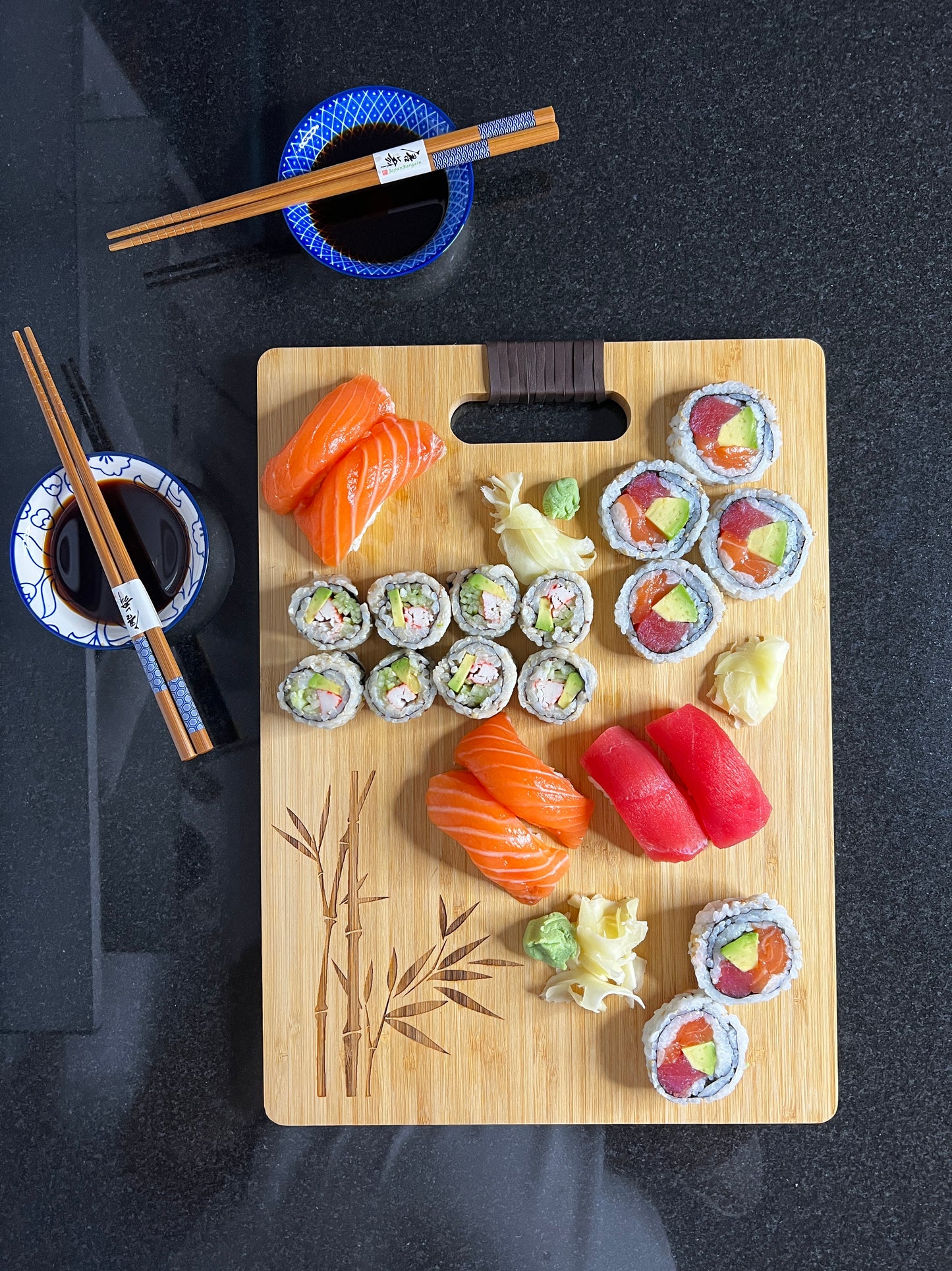 Bamboo Sushi Serving Board Set for Two with Engraved Bamboo Pattern