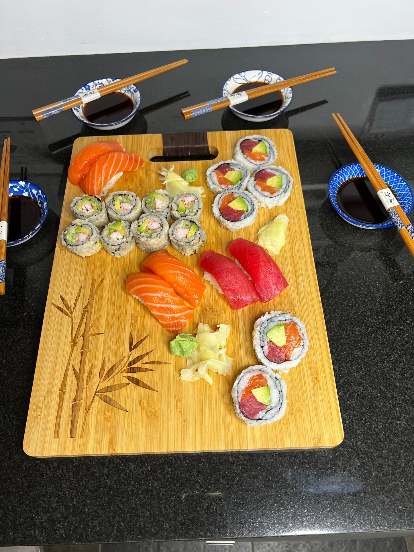 Bamboo Sushi Serving Board Set for Four with Engraved Bamboo Pattern