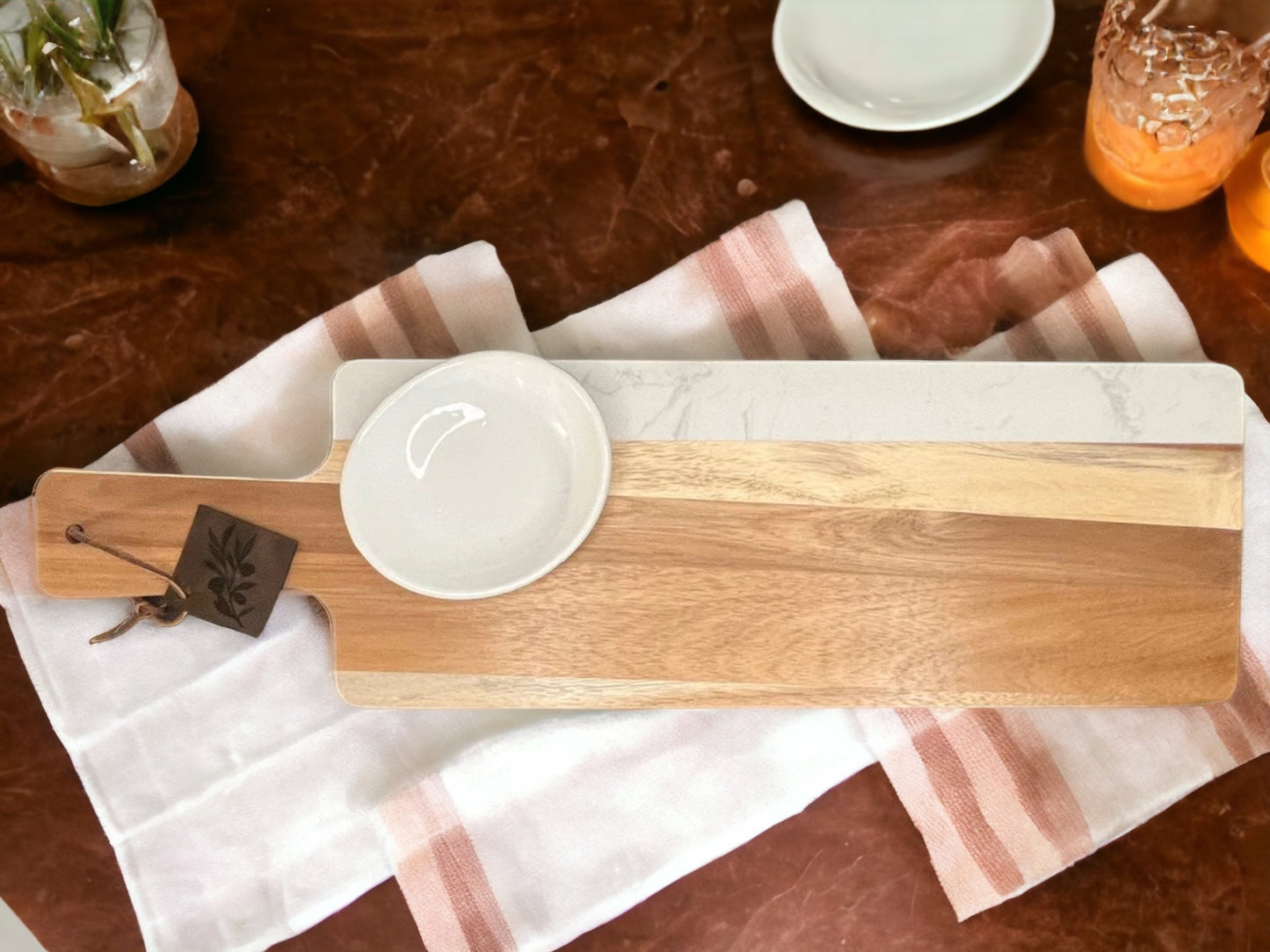 Acacia wood and white marble serving board with White porcelain dipping bowl