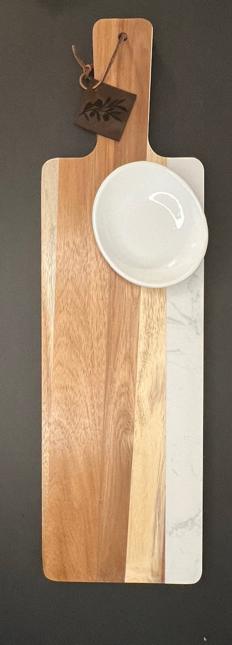 Acacia wood and white marble serving board with White porcelain dipping bowl