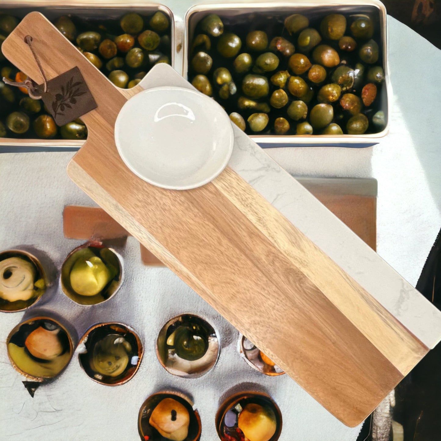 Acacia wood and white marble serving board with White porcelain dipping bowl